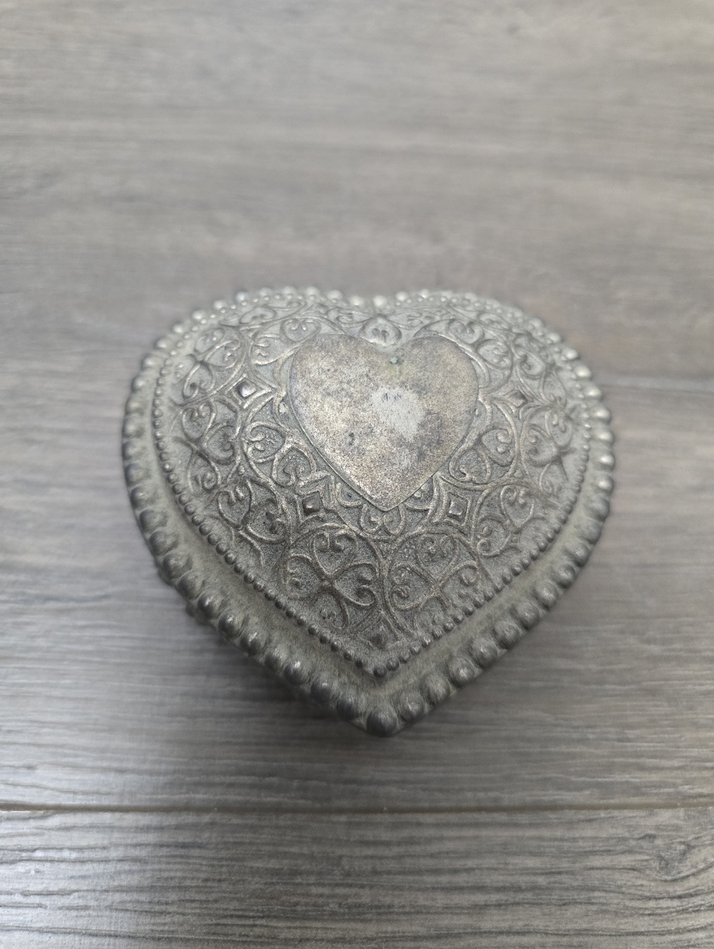 Silver Tone Vintage heart-shaped trinket Box Purple Velvet Inside 1960's